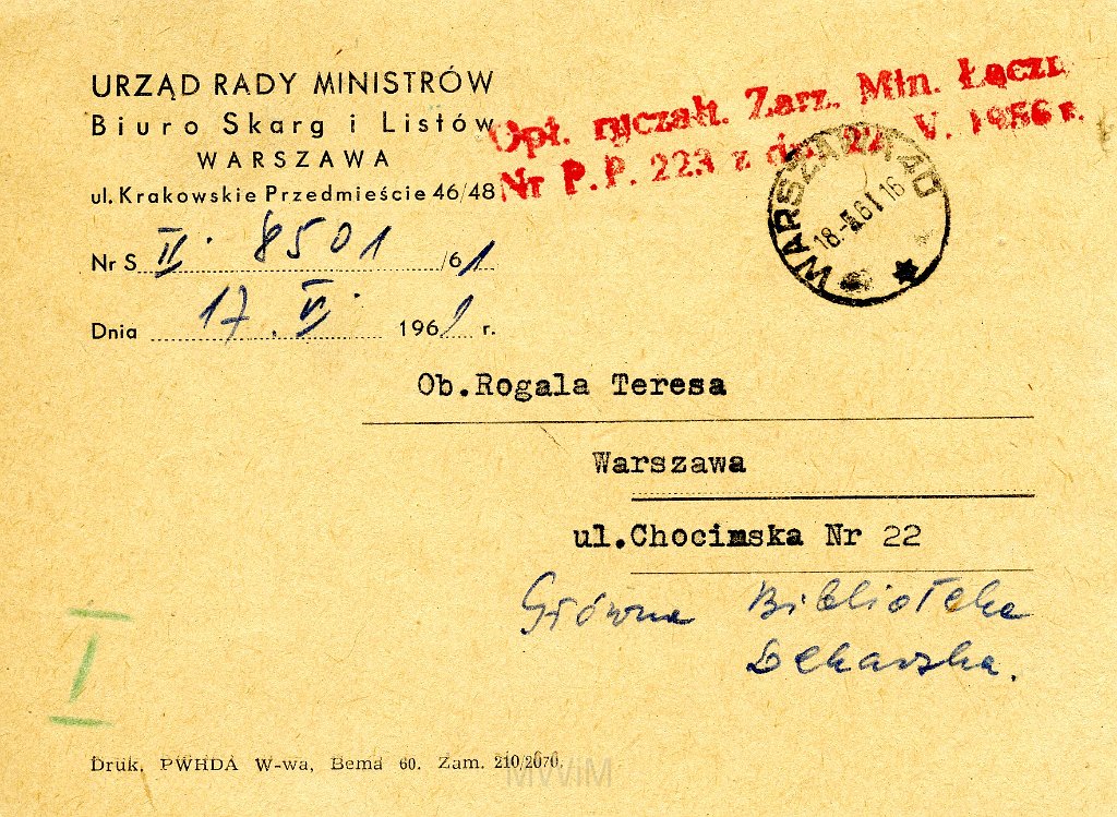 KKE 5840.jpg - Dok. Pismo z Biura Skarg i Listów Urzędu Rady Miinistrów dla Jana Rogala dotyczące wniesionej skargi, Warszawa, 17 V 1961 r.